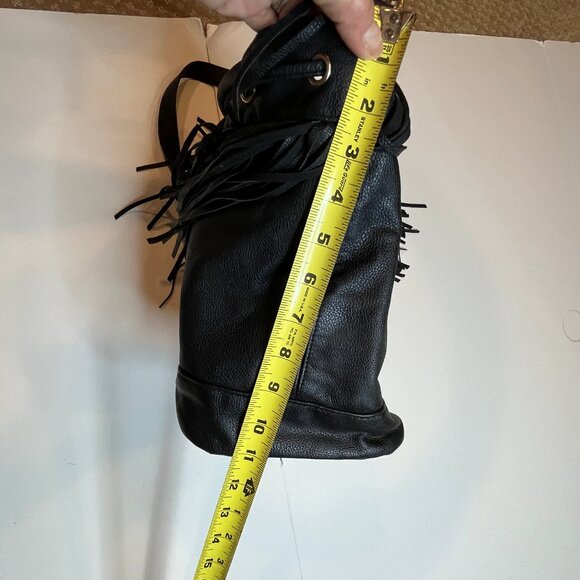 H&M Black Leather Fringe Bucket Bag Handbag Crossbody Boho Carry-All Drawstring - Picture 12 of 12